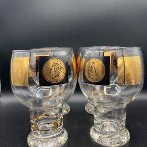 Cera Beer Glass x4 clear with black and gold coin pattern VTG MCM 1960's USA